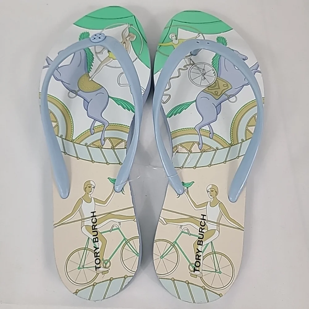 TORY BURCH CHELSEA ACROBAT BLUE FLIP FLOP SANDALS SIZE 7 (Logo Missing)